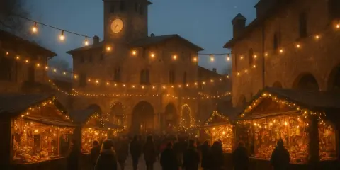 Mercatino natalizio a Grazzano Visconti, con bancarelle illuminate e gente che passeggia. Un'atmosfera magica per scoprire tante cose da fare a Grazzano Visconti.