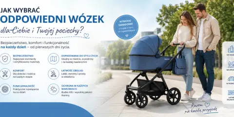 Jak wybrać wózek dla dziecka? Młodzi rodzice spacerują z niebieskim wózkiem, który jest bezpieczny, komfortowy i funkcjonalny.
