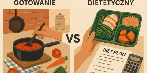 Domowe gotowanie kontra catering dietetyczny. Czy catering się opłaca? Obrazek porównuje przygotowywanie posiłków w domu z gotowym pudełkiem i planem diety.