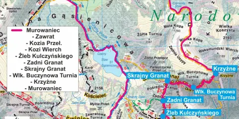 Trasy Tatry: Murowaniec, Zawrat, Kozi Wierch, Zadni Granat, Krzyżne. Mapa szlaków turystycznych.
