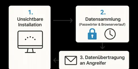 Prozessablauf eines Spyware-Angriffs: Unsichtbare Installation, Datensammlung (Passwörter, Browserverlauf) und Datenübertragung an Angreifer.
