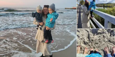 Kobieta z dziećmi na plaży i spacerze w Kołobrzegu.