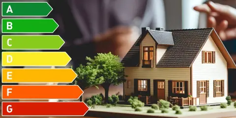 Energieeffizienz-Skala neben Hausmodell. Ein Energieberater erstellt einen Sanierungsfahrplan für Ihr Zuhause.
