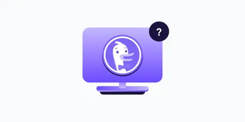 En dataduck med fluga på en lila skärm, en fråga dyker upp. DuckDuckGo svenska.