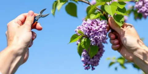 Quand tailler les lilas : une main tient un sécateur, l'autre saisit une branche de lilas en fleurs sous un ciel bleu.