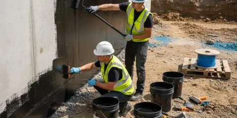 Dos obreros trabajan en la impermeabilización de muros enterrados, aplicando una capa protectora negra con rodillo y brocha.