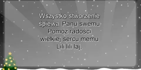 Gdy śliczna panna tekst kolędy "Lili lili laj" na tle zimowego krajobrazu ze śnieżynkami i choinką.