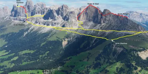 Trasy via ferrata Dolomity: Catinaccio, Roda di Vael i Gran Masare. Widok na schroniska Santner, Fronza i Paolina.
