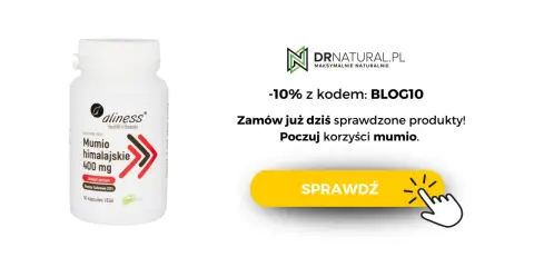 Opakowanie suplementu diety Aliness Mumio himalajskie 400 mg. Poczuj korzyści mumio.