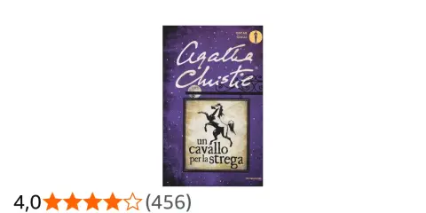 Copertina del libro "Un cavallo per la strega" di Agatha Christie, con un cavallo nero su sfondo viola stellato.