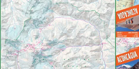 Mapa trekkingowa Aconcagua z zaznaczonymi szlakami i nazwami szczytów. Widok z lotu ptaka na góry.