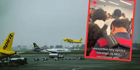Spirit Airlines, znane jako najgorsze linie lotnicze, na lotnisku. Samoloty na płycie i w powietrzu. W tle tłum pasażerów.