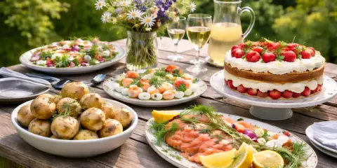 En härlig midsommarmåltid med gravad lax, färskpotatis, räkor, sallad och jordgubbstårta. Detta är vad man har på midsommarbordet.