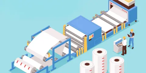 Linia produkcyjna pokazuje, jak powstaje papier. Maszyny przetwarzają surowiec, tworząc rolki gotowego produktu.