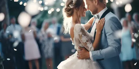Para młoda tańczy przy świetle lampek. Zastanawiasz się, co zaśpiewać na weselu dla pary młodej?