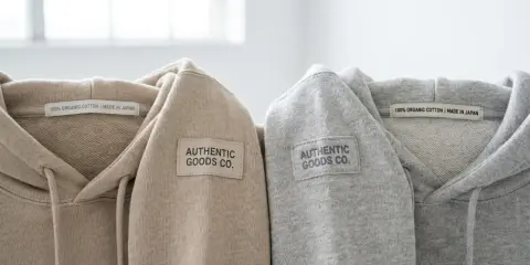 Dwa bluzy z kapturem, beżowa i szara, z naszywką "AUTHENTIC GOODS CO." i metką "100% ORGANIC COTTON | MADE IN JAPAN". Oryginalna metka Champion.