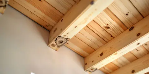 Structure en bois clair, avec des poutres et des planches. On aperçoit un champignon bois extérieur sur une poutre, signe d'une construction ancienne.