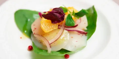 Carpaccio de saint jacques frais, garni d'orange, d'oignon rouge et de pousses vertes, sur une feuille d'épinard.