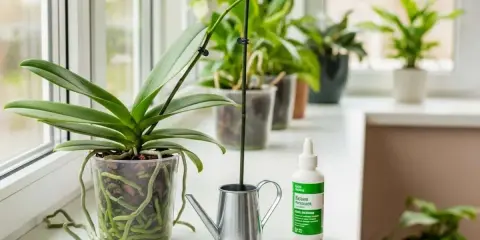 Orchidée en pot transparent avec racines aériennes, arrosoir miniature, ciseaux et engrais. Guide pour savoir comment faire refleurir une orchidée.