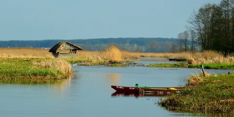 Spokojna tafla wody w Narwiańskim Parku Narodowym, przy brzegu drewniana łódź, w oddali chata kryta strzechą i trzcinowiska.