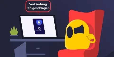 Gelbe Figur sitzt frustriert vor Laptop, der VPN-Verbindungsprobleme anzeigt. "Verbindung fehlgeschlagen" steht über dem Bildschirm.