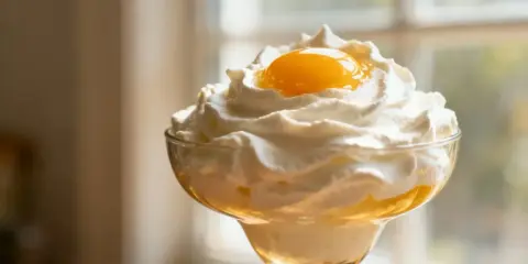Un dessert aérien dans un verre, couronné d'une généreuse crème fouettée épaisse et d'une touche de jaune d'œuf.
