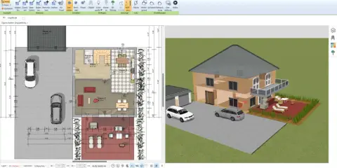 Grundriss eines amerikanischen Hauses mit zwei Autos auf dem Hof und einem 3D-Modell des Hauses daneben.