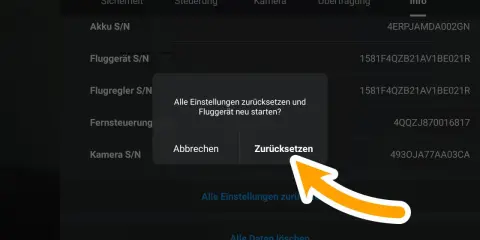 DJI Spark App: Dialogfeld fragt, ob alle Einstellungen zurückgesetzt und das Fluggerät neu gestartet werden sollen.