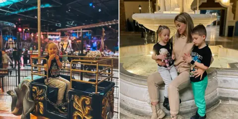 Uśmiechnięta dziewczynka w karuzeli w kształcie słonia. Obok fontanny mama z dwójką dzieci. To wspaniała łódź dla dzieci.