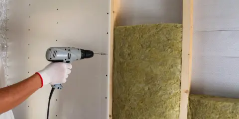 Mano con guanto bianco avvita cartongesso su struttura in legno, con isolamento in lana di roccia. Un esempio di isolamento acustico, che riduce il rumore a circa 75 decibel.