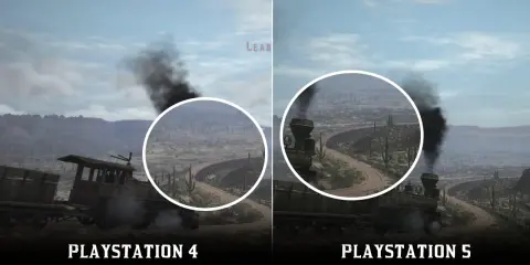 Porównanie grafiki Red Dead Redemption 2 na PS4 i PS5. Pociąg parowy na tle pustynnego krajobrazu z mostem.