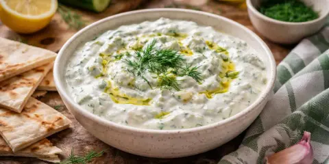 Sauce tzatziki crémeuse, garnie d'aneth frais et d'un filet d'huile d'olive, servie avec du pain pita et des ingrédients frais.