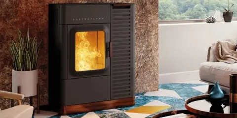 Poêle à granulés sans électricité, créant une ambiance chaleureuse avec ses flammes vives. Un design moderne pour un confort durable.