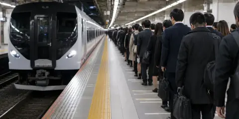 Kolejka ludzi na peronie w Japonii, oczekujących na pociąg. To jeden z wielu fascynujących faktów i ciekawostki o Japonii, gdzie punktualność i porządek są na pierwszym miejscu.