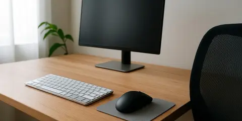Bureau en bois avec écran, clavier, souris et tapis. Un fauteuil de bureau noir est visible. L'ergonomie travail sur écran est essentielle pour le confort.
