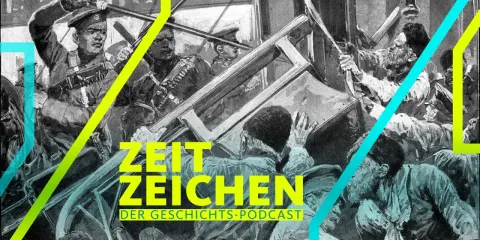 Illustration zeigt Soldaten, die auf Demonstranten schießen, eine Szene, die an den Petersburger Blutsonntag erinnert. "Zeit Zeichen" ist als Geschichts-Podcast hervorgehoben.
