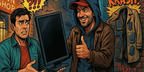 Un uomo con espressione preoccupata riceve un monitor da un venditore sorridente. Un incauto acquisto, con un cappotto pieno di telefoni appeso sullo sfondo.