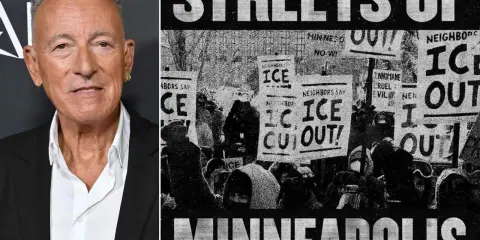 Bruce Springsteen påminner om "Streets of Minneapolis" i sin senaste låt. Bilden visar en protest med skyltar som ropar "ICE OUT!".