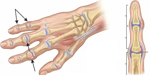 Illustration av handens skelett med tydliga bouchards knutor vid fingerlederna.