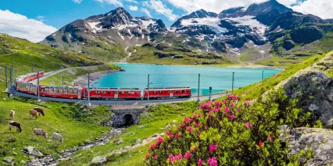 Czerwony pociąg wije się wzdłuż turkusowego jeziora, podziwiając alpejskie szczyty. Idealna podróż ze **Swiss Travel Pass**.