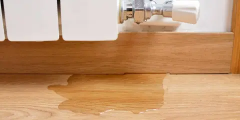 La caldera pierde presión y no hay fugas visibles, pero hay agua en el suelo de madera.