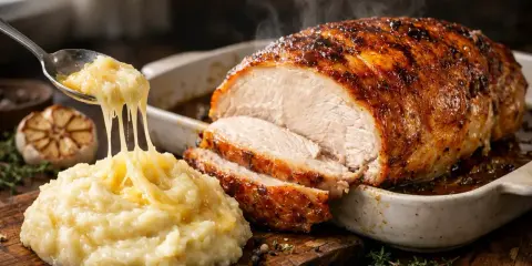 Un savoureux roti de dinde au four, fumant et doré, servi avec une purée de pommes de terre onctueuse et un ail rôti.