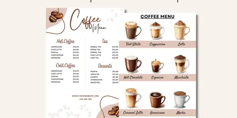 Kawiarniany menu przykład: gorące i zimne kawy, herbaty, desery, gorąca czekolada, espresso, latte, cappuccino, mocha, americano, macchiato, caramel latte.