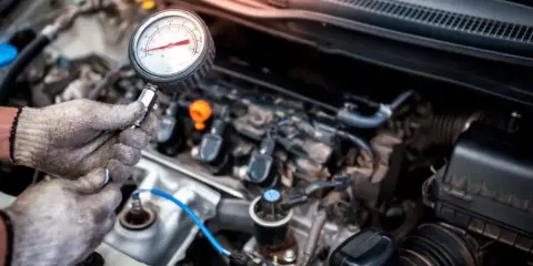 Mechanik sprawdza jakie minimalne ciśnienie sprężania diesel za pomocą manometru.