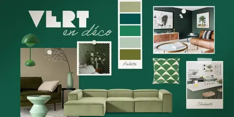 Inspiration déco : avec quelle couleur associer le vert pour une ambiance sereine. Palette de verts, canapé, coussin, cuisine et salon.