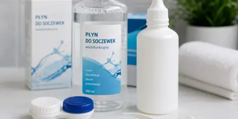 Wielofunkcyjny płyn do soczewek, pojemniczek, soczewki, pęseta i aplikator. Wszystko, czego potrzebujesz do pielęgnacji oczu.