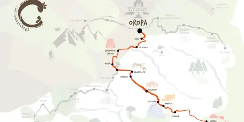 Mappa stilizzata del Cammino di Oropa, con sentieri, santuari e località.