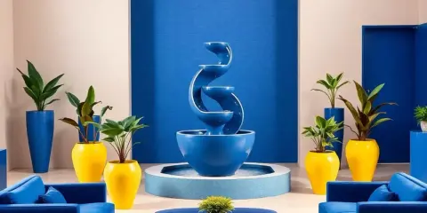 Fontaine bleue majorelle Marrakech, entourée de plantes vertes dans des pots jaunes vifs et de canapés bleus.