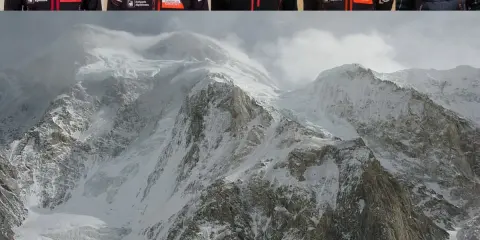 Wielki, śnieżny **broad peak szczyt** w chmurach. U góry portrety alpinistów w kurtkach z logo ORLEN.