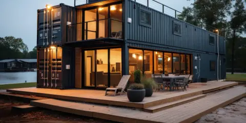 Maison moderne en conteneurs empilés, avec terrasse en bois et vue sur l'eau. Un prix maison avec sous-sol complet serait un rêve.